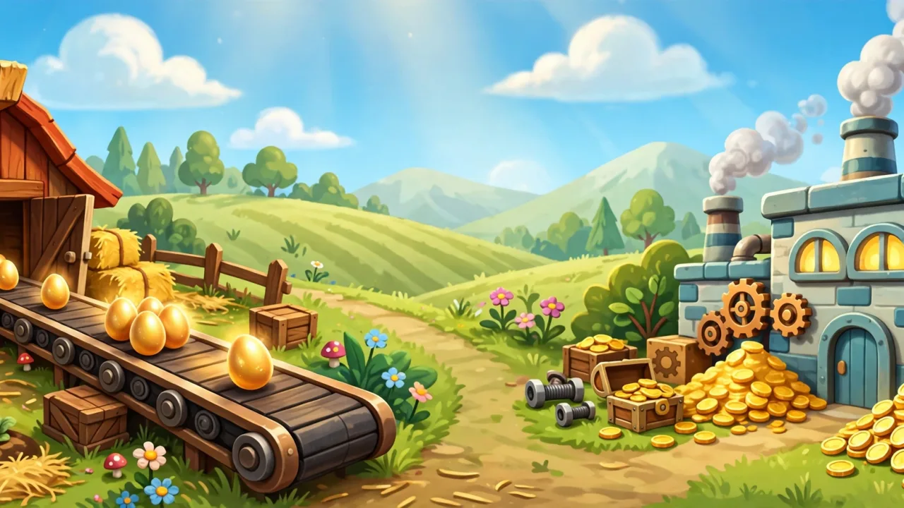 Cartoon farm and factory illustration for the best idle and tycoon games article