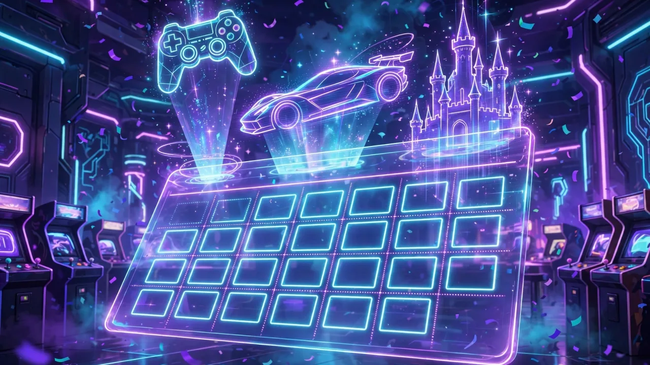 Neon gaming release calendar illustration