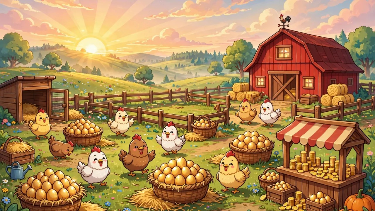 Cute cartoon chicken farm with golden eggs for the Egg Escape Tycoon tips article