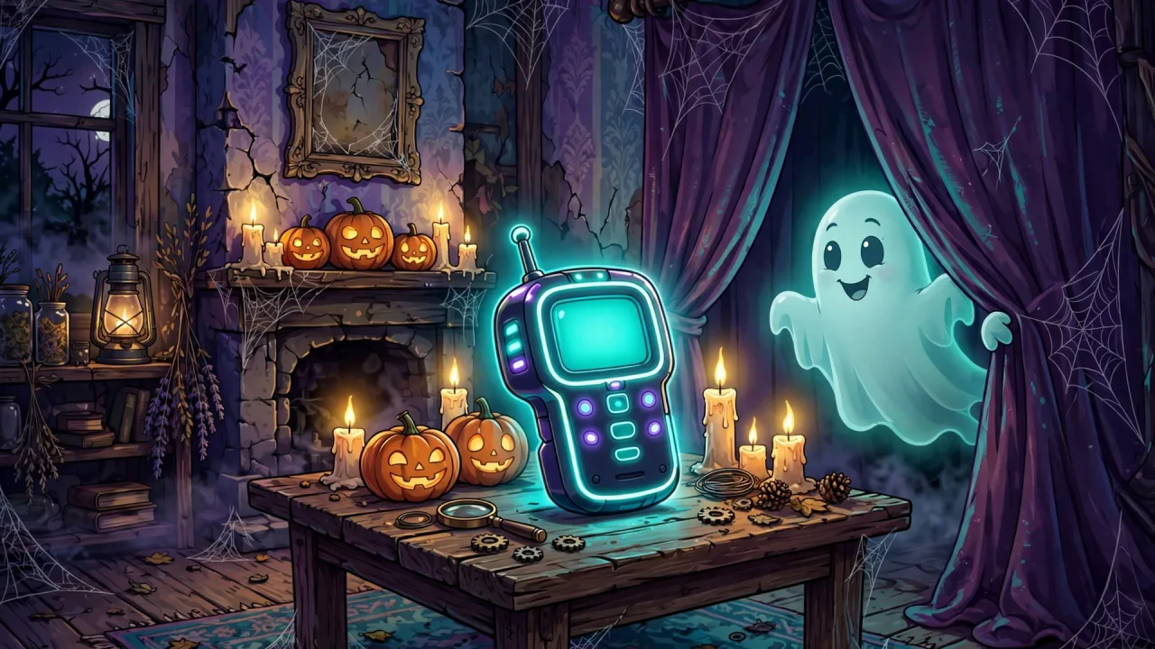 Ghost scanner device and cartoon ghost in a haunted room for the Ghost Hunt Spirit Scanner tips article.