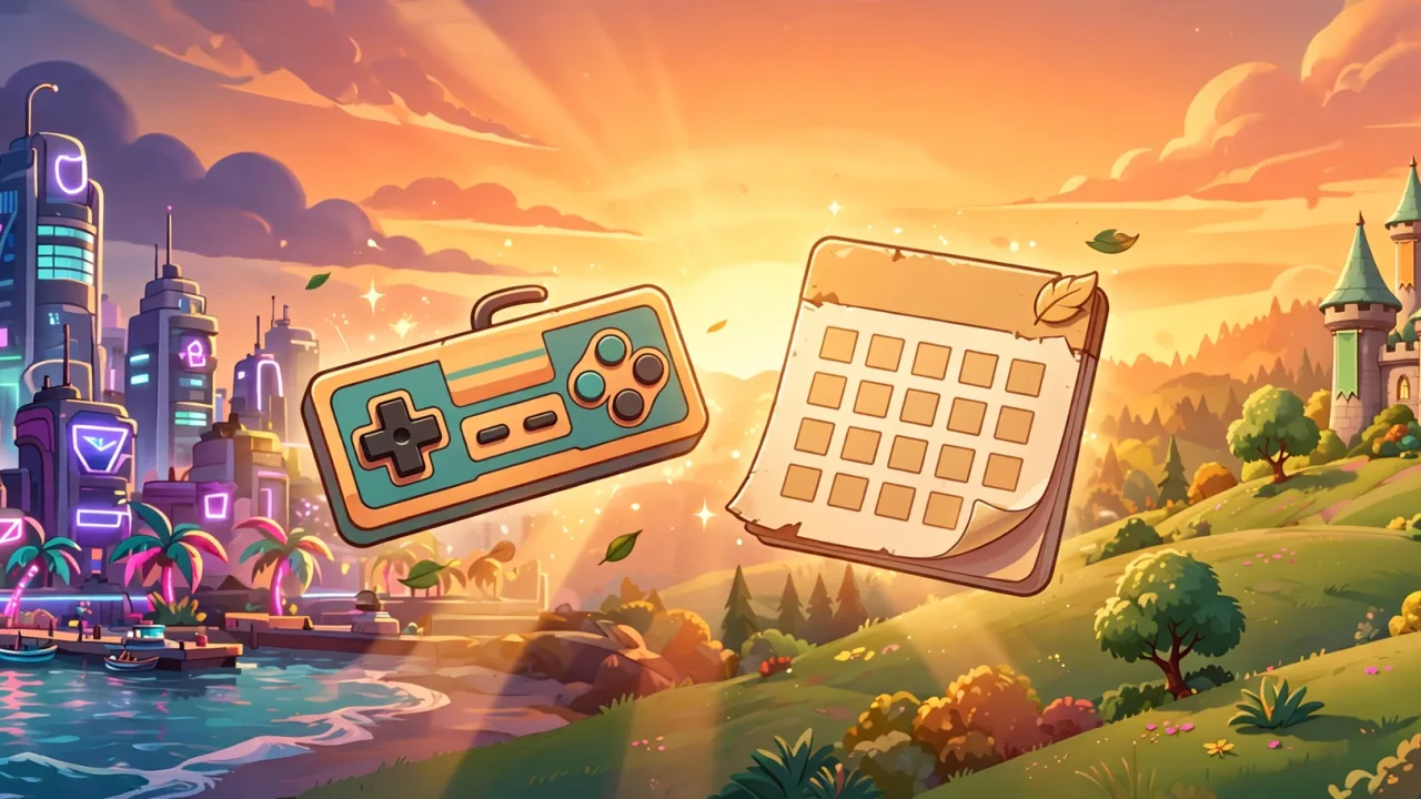 Neon city skyline, fantasy castle, game controller and calendar illustration for the November 2026 game releases article