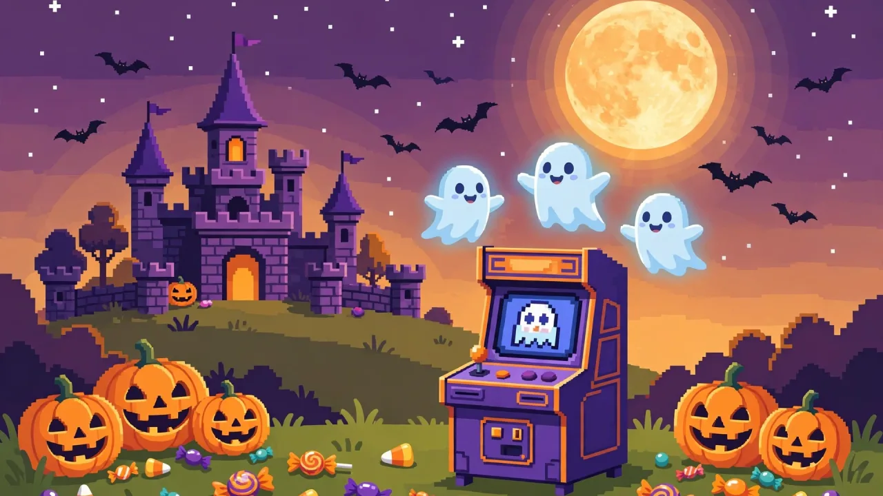 Spooky Halloween browser games — haunted castle, ghosts and arcade cabinet illustration